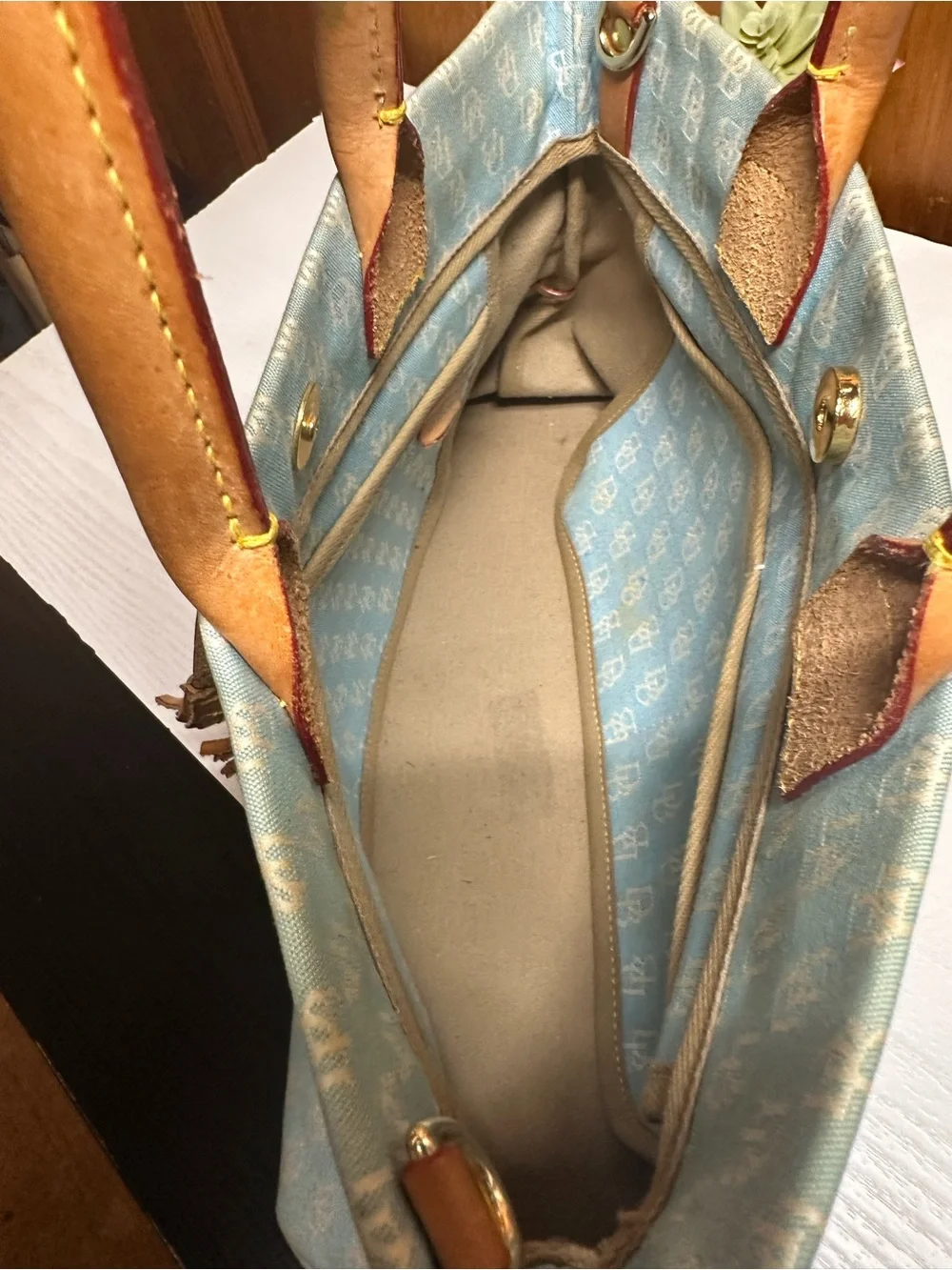 Dooney & Bourke Light Blue Monogram Drawstring Tote with Tan Trim